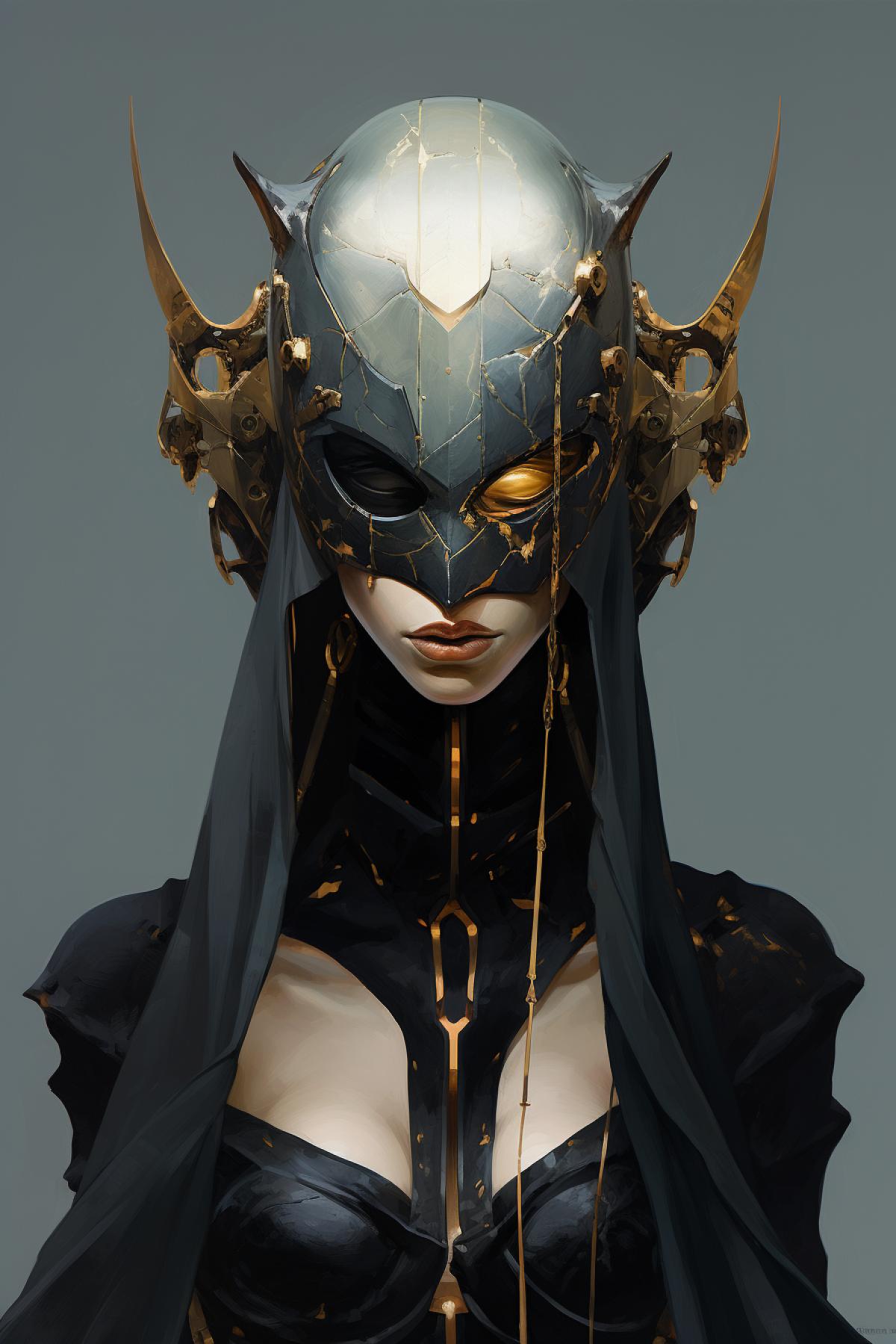 Fashion Impressionist art, Minimalistic Elongated futuristic Mask, Surreal, Cyberpunk vibes, 32k UHD, in the style of Tony DIterlizzi and Karol Bak, Cinematic Darkness
