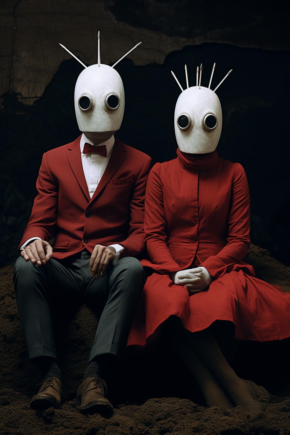 two people wearing painting masks, in the style of keith carter, valentine hugo, alienpunk, harald sohlberg, chilling creatures, photo, pulpy style