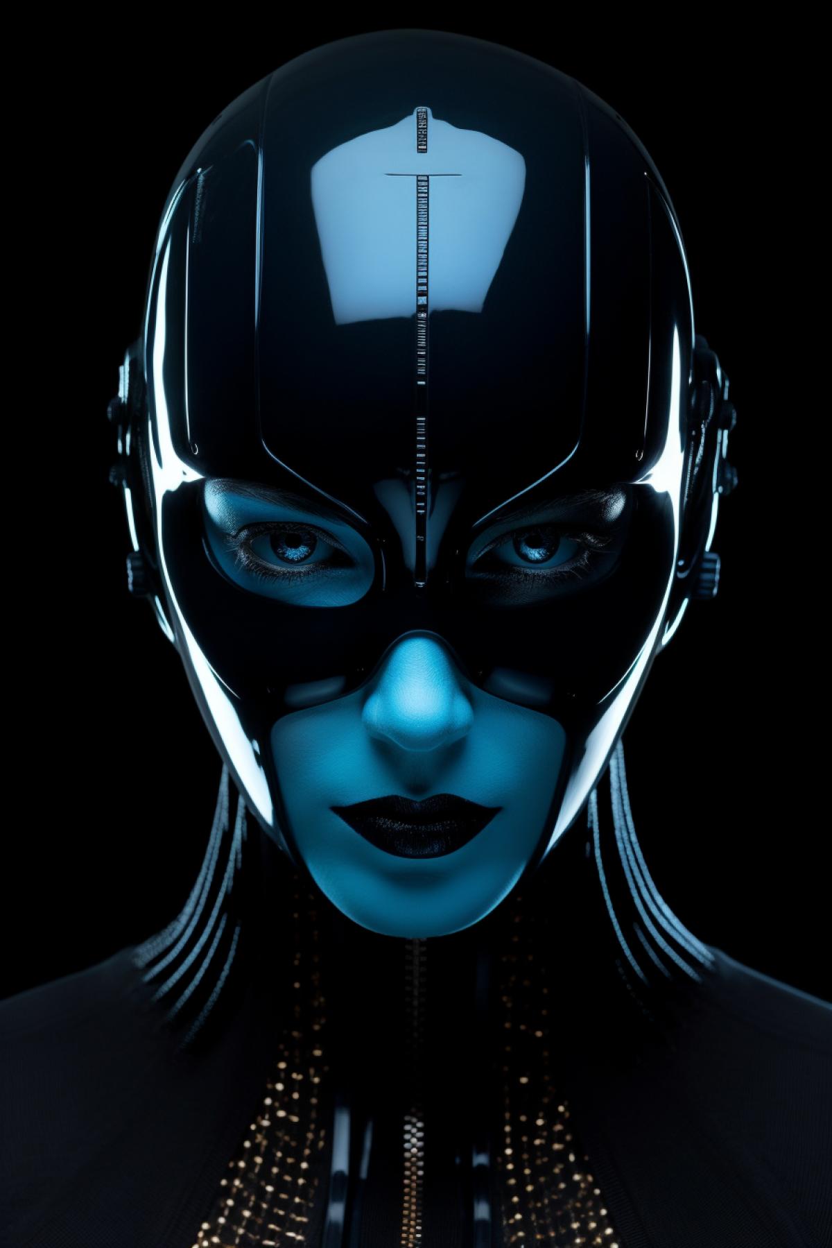 Straight Portrait, Medium shot of female android wearing mask metal + rubber, blue + dark, sleek artistic, fashion white background, colour lighting, carbon, plastic, intricately detailed, fashion, fog realistic rendering, interiour lighting, low key lighting, pro photo RGB, ray traced, shadows, sharp, minimalist, high quality reflections, 8K