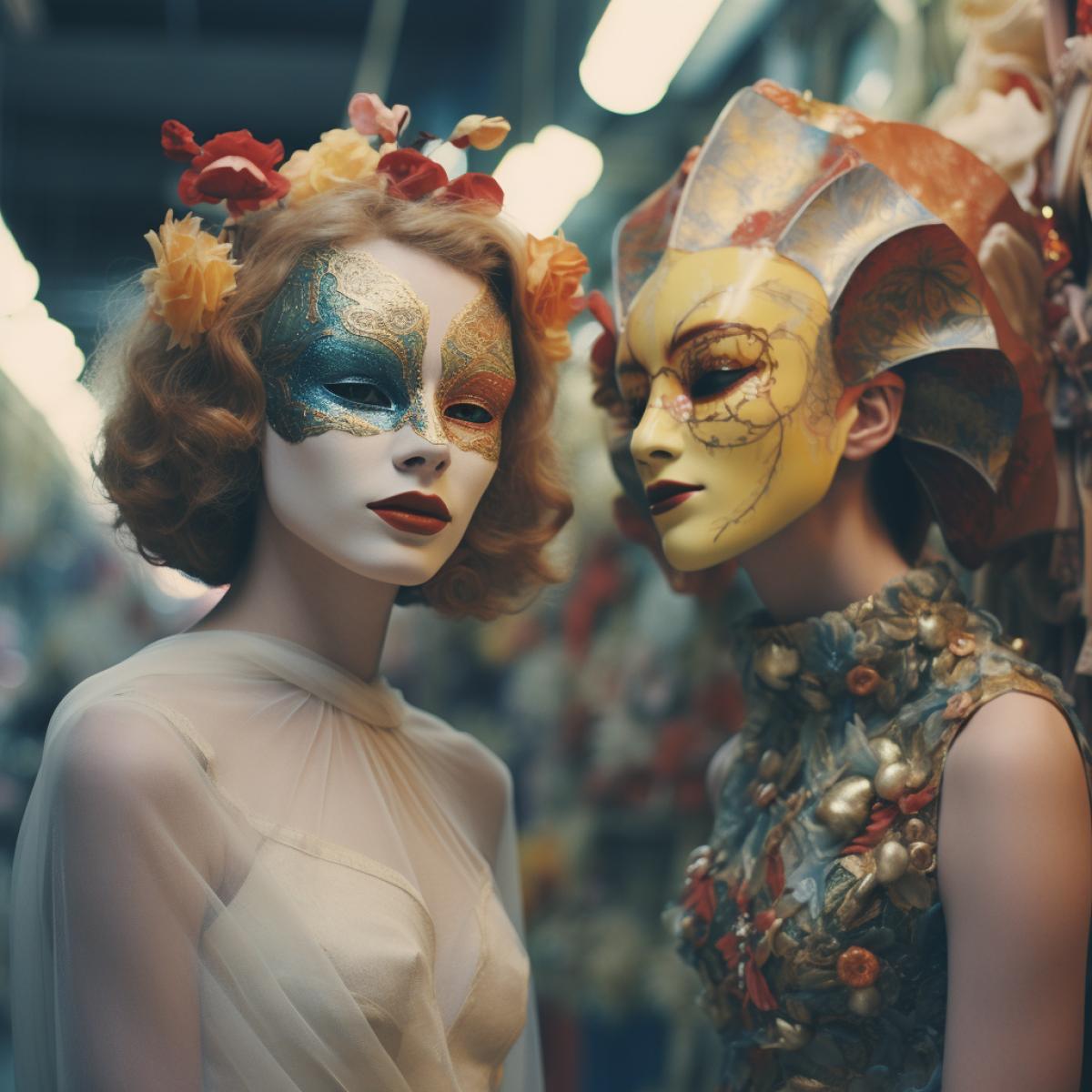 a photoshoot sesion of Fei Fei Sun and Karen Elson in a venice mask party for a Dreamlike movie about a colorful dark spirituality, photo by Oleg Oprisco, wide angle lens, big detailed girl, 70mm lens, analog film, photorealistic, medium full shot, dreamy lighting, full body photo, perfect corporal proportions