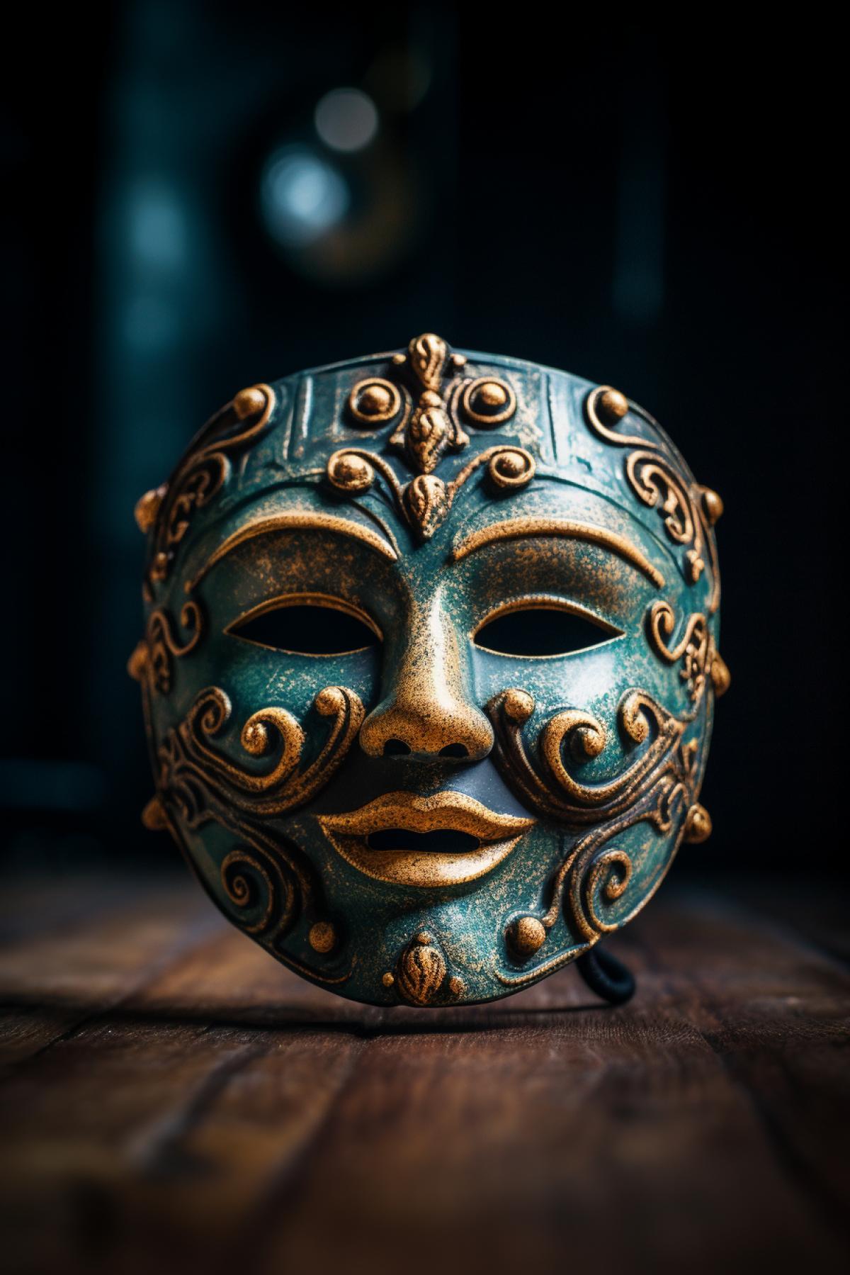 Ancient antique theater mask as a museum piece, professional subject photo, matte filter, pixel density