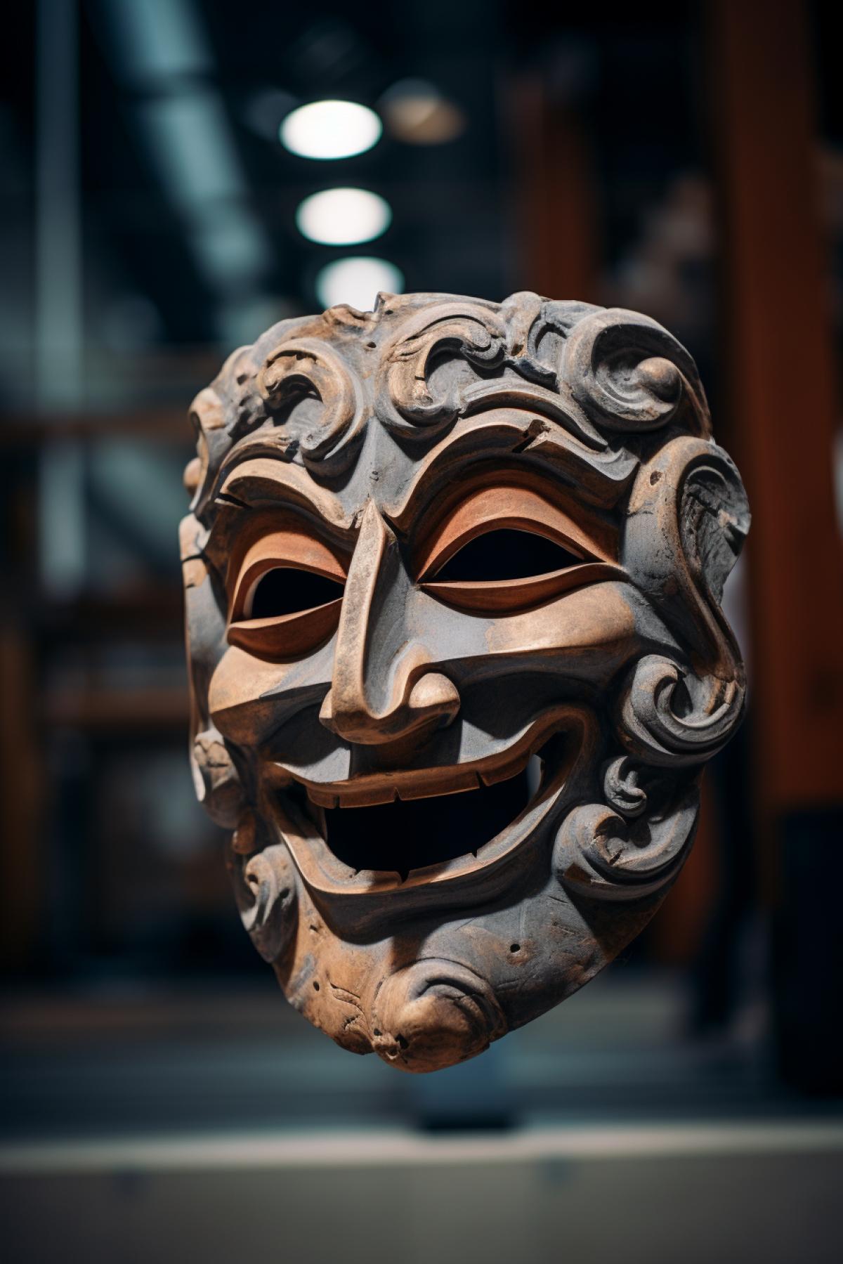 Ancient Greek theater mask as a museum piece, professional subject photo, matte filter, pixel density