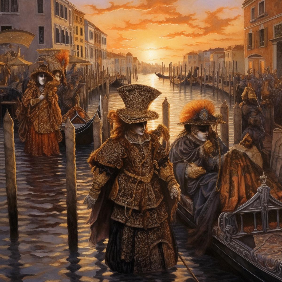 Masquerade in Venice, people in masks, canal, gondola, sunset