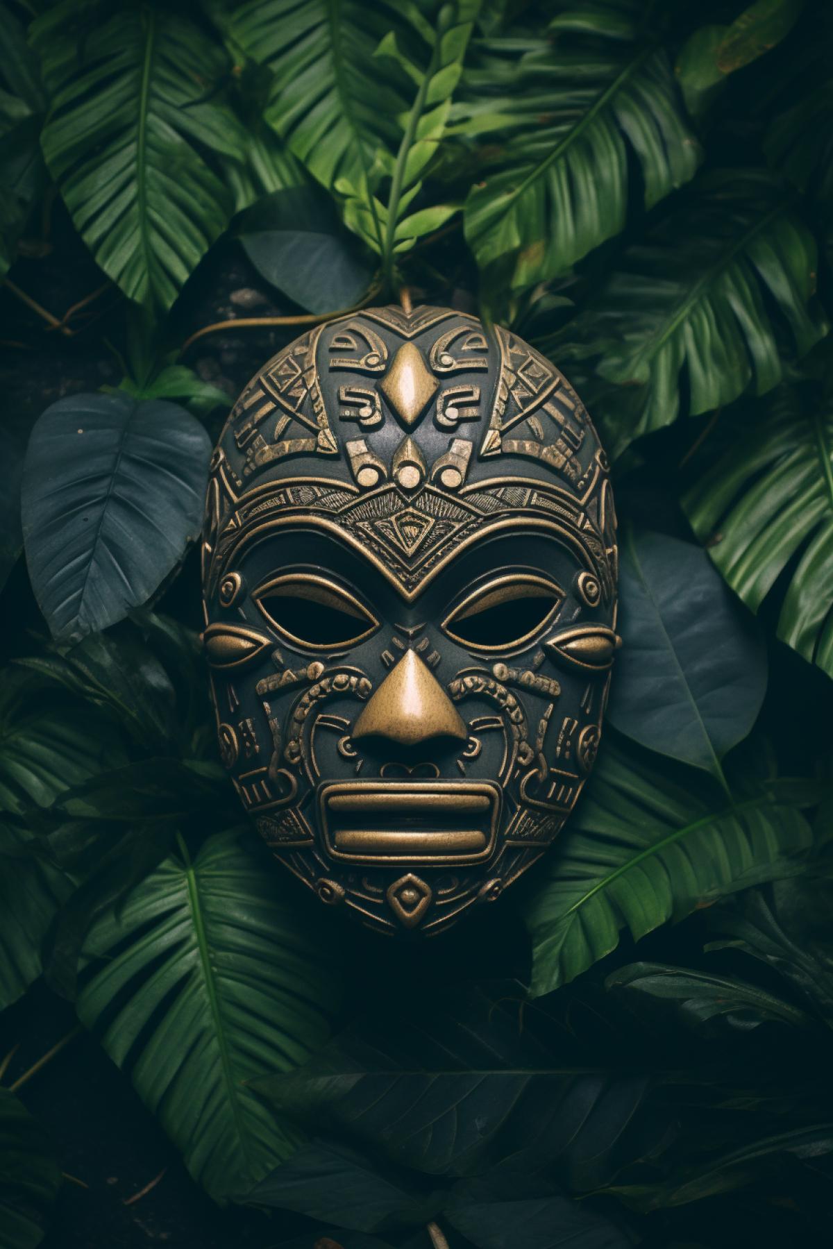 African ritual mask lying on the ground, tropical leaves background, top view, nature photo, professional stock photo, matte filter, pixel density