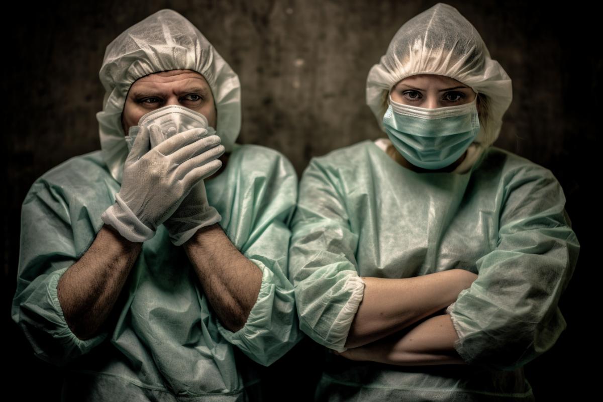 Sad doctors in medical masks in the hospital