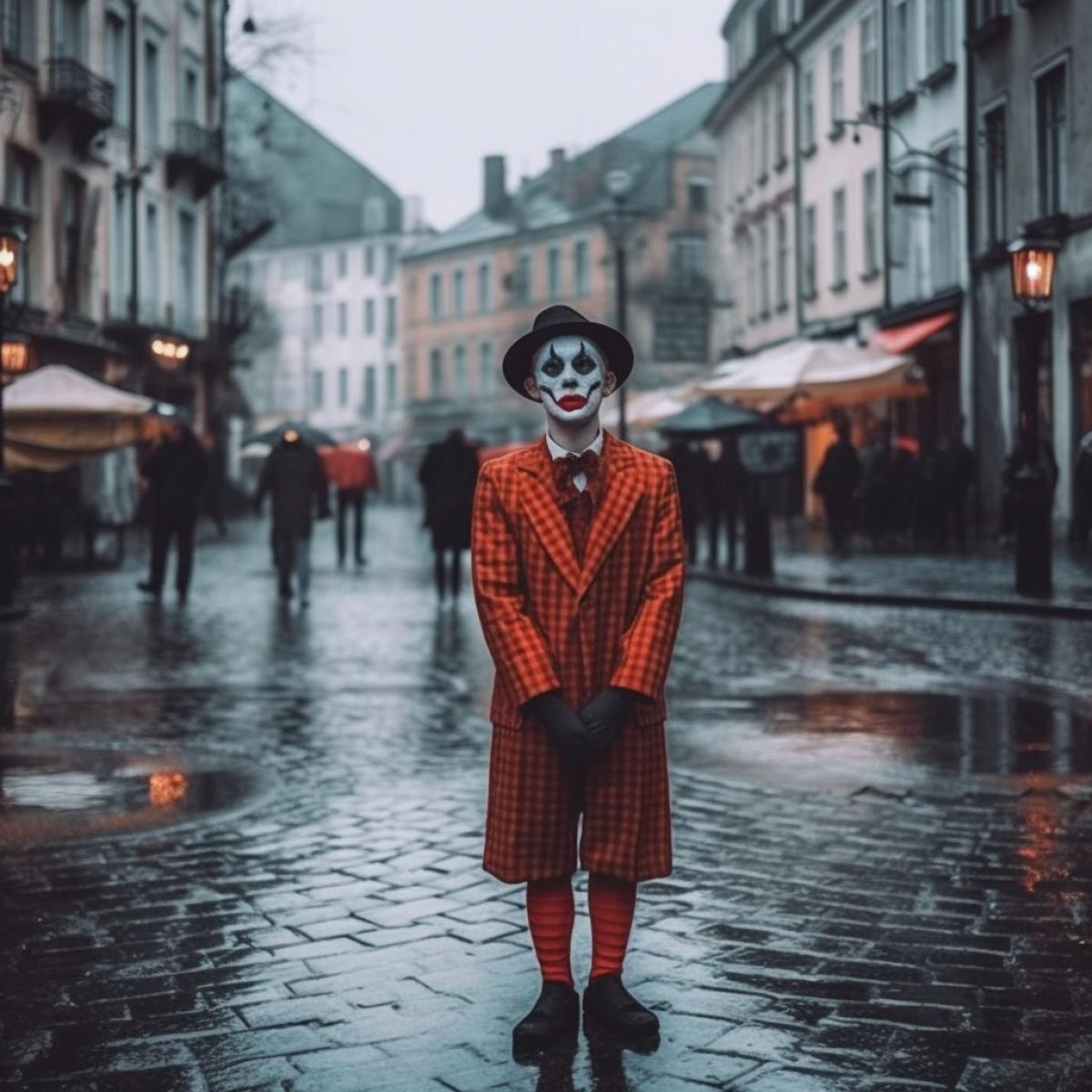 A lonely mime stands in the city center, around people in masks, rain, bright colors, loneliness