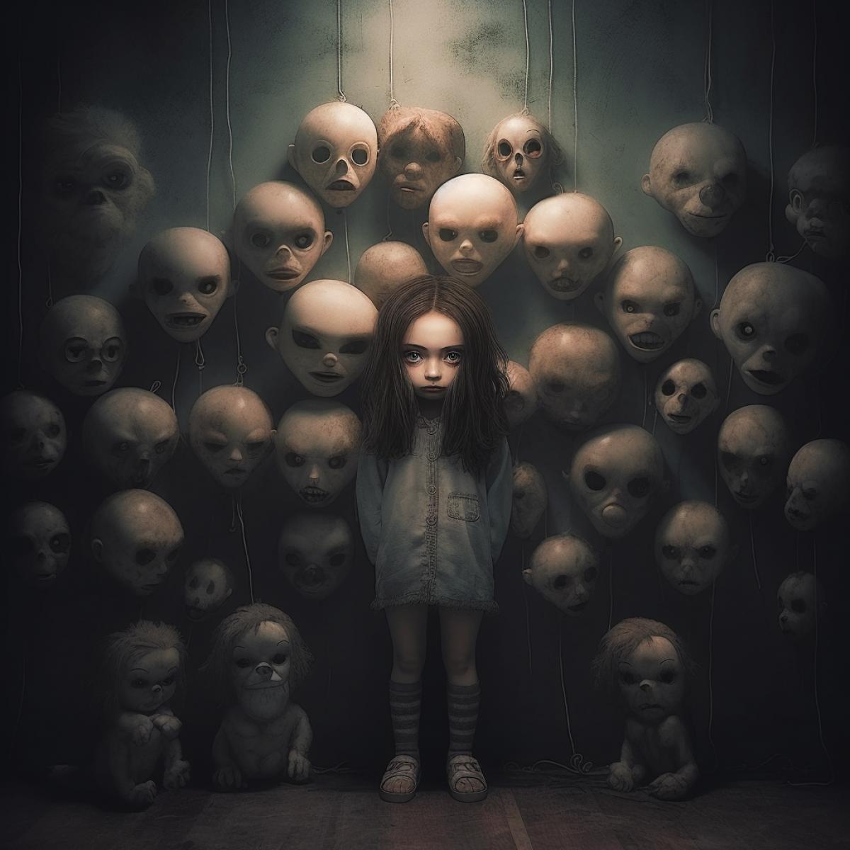 a little girl stands in a dark room, she is surrounded by cheerful and angry masks, she is scared and lonely, she is crying