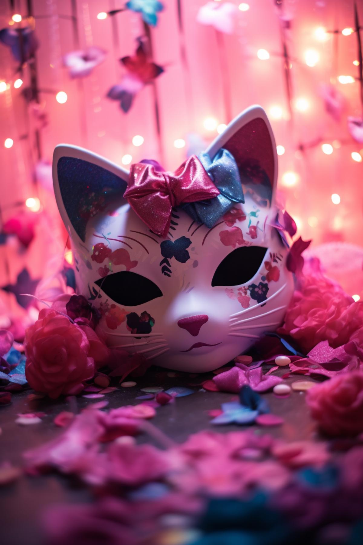 Kawaii style cat mask, background wall with garlands, professional subject photo, matte filter, pixel density