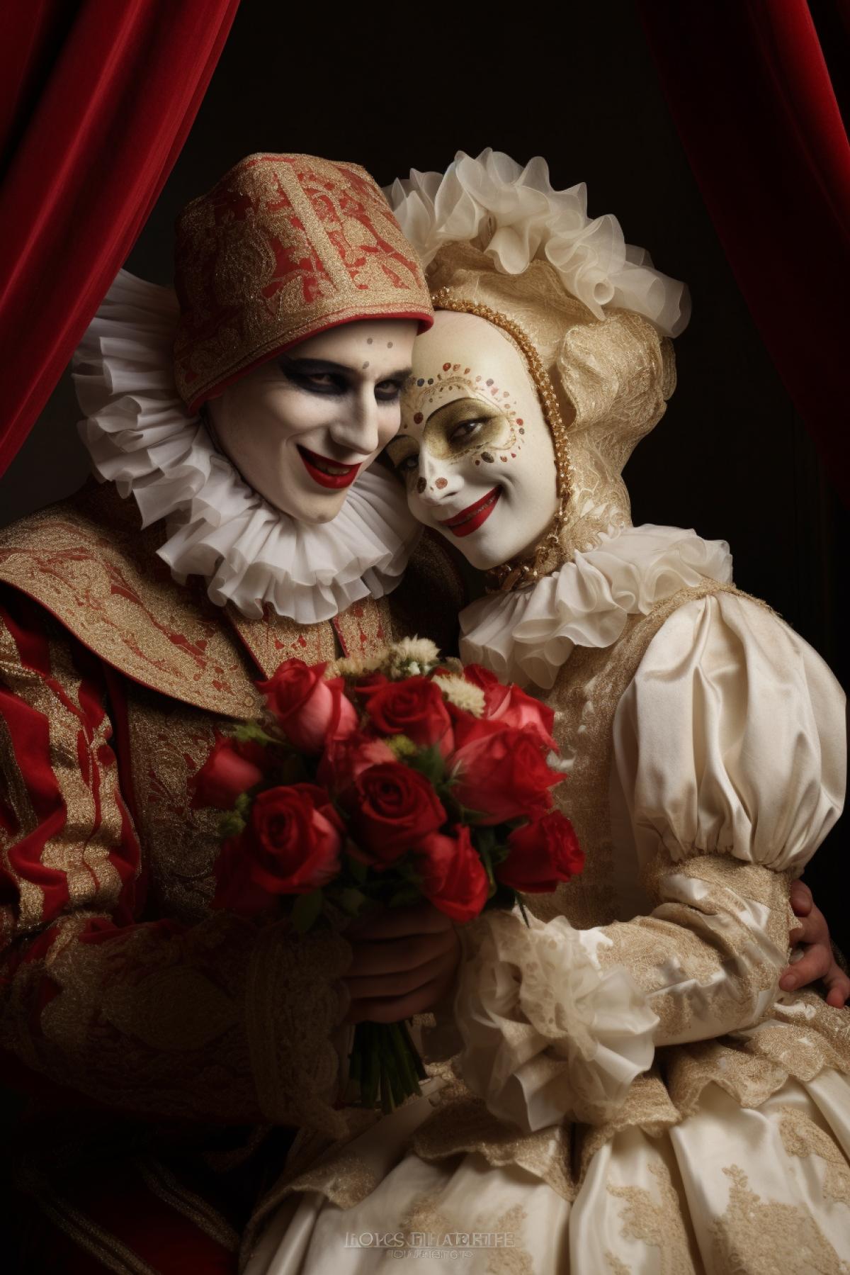 Arlecchino and Сolombina of the Italian commedia dellarte wearing masks wedding portrait happiness irony love