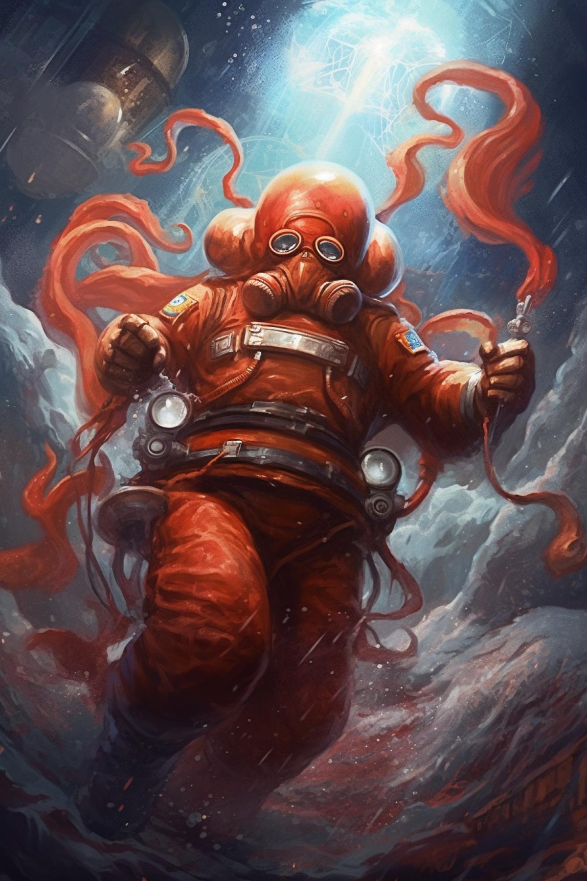Octopus-cosmonaut in the style of the USSR flies into space