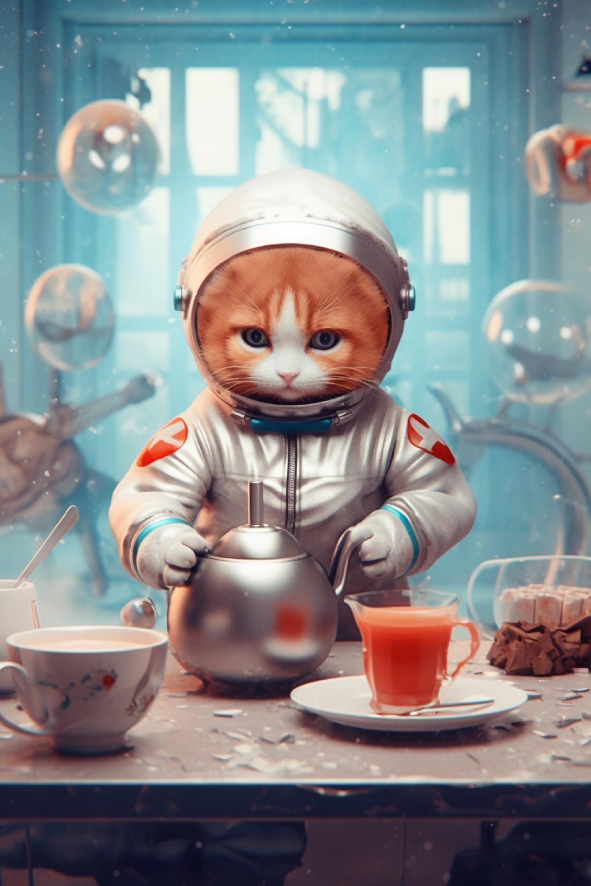 A kitten-astronaut in a spacesuit in the style of the USSR drinks tea in space