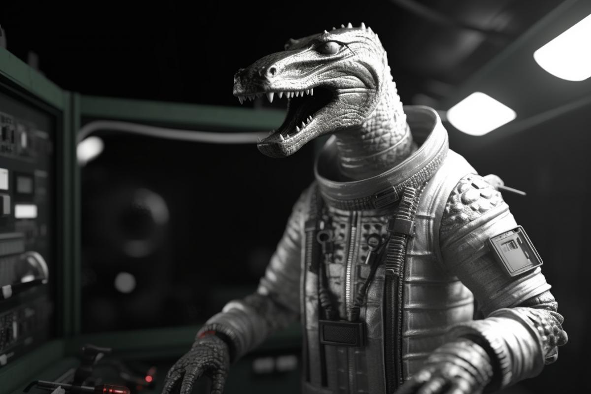 Crocodile astronaut in a spacesuit on a space station in noir style