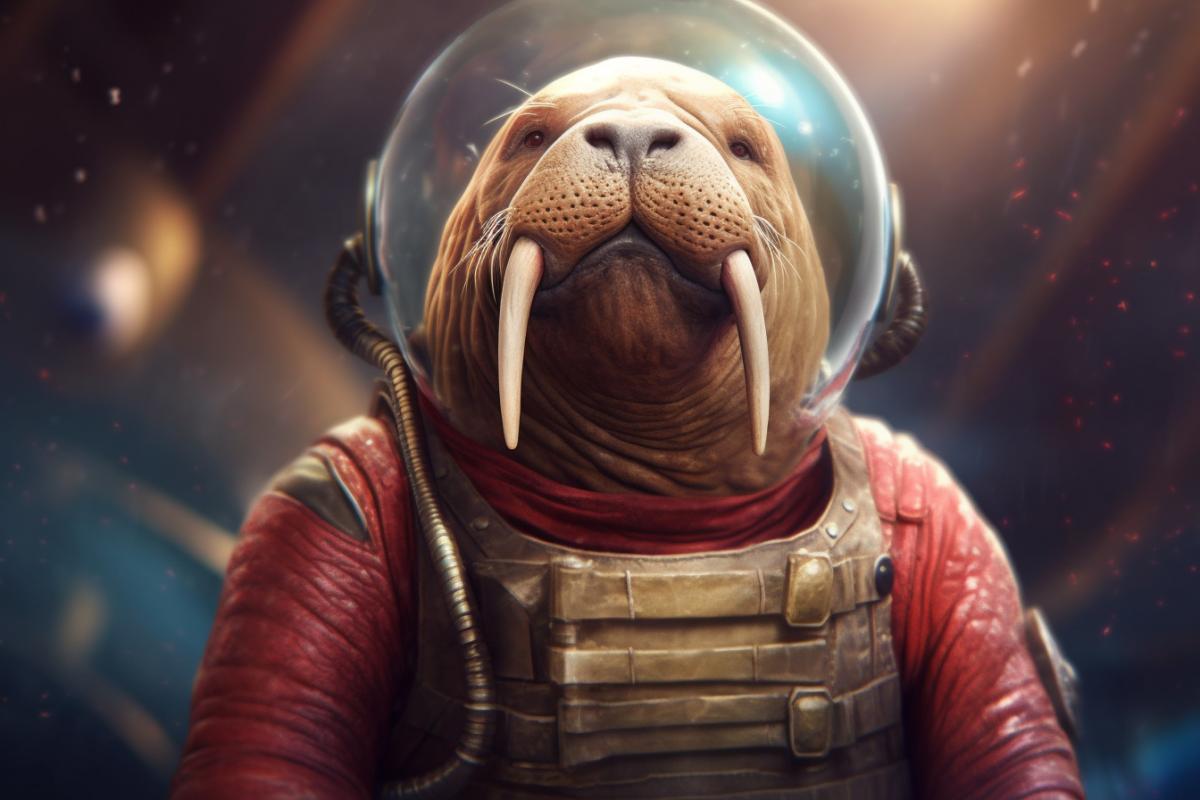 A mustachioed walrus-astronaut flies into space and rejoices