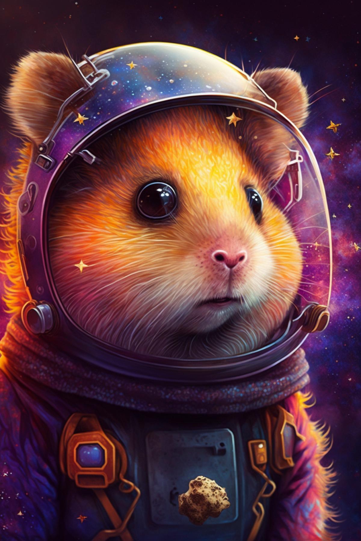 A vibrant digital painting of a hamster wearing a space helmet adorned with intricate galactic designs. Cosmic and surreal