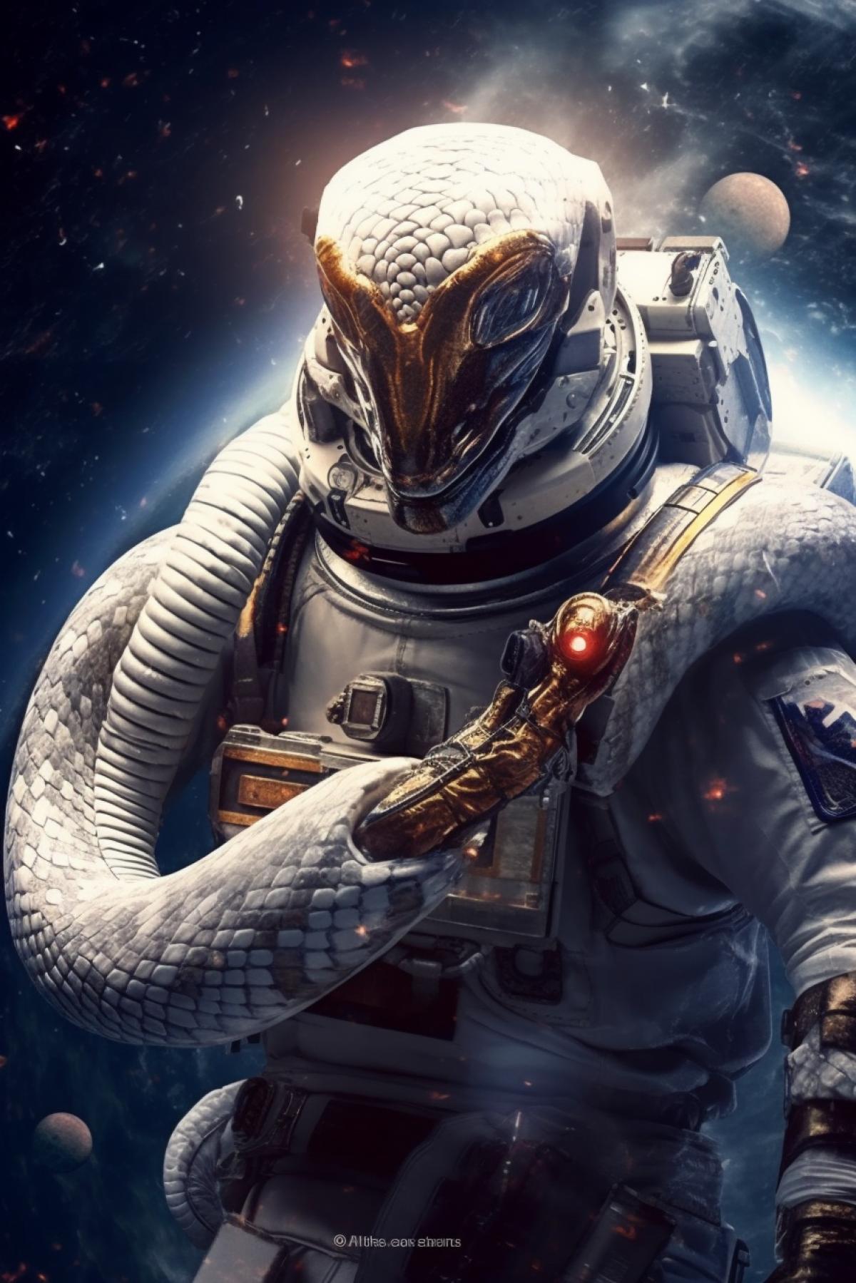 a real intelligent snake dressed in a space suit walks around the space station