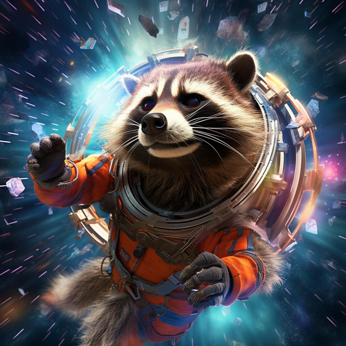 racoon astronaut suspended in mid-air ripping a hole through space-time, transparent colorful vinyl jacket, action scene, badepic key visual, hyperspace, visually stunning, groundbreaking, dazzling sfx, dynamic reflective surface, dramatic sci-fi lighting, Optical flares. high detail, hyperrealistic, photographic, cinematic, volumetric lighting, octane render, arnold render, 3D, super close-up, Megapixel film lighting, Anti-Aliasing, FKAA, TXAA, RTX, SSAO, Post Processing, Post Production, Tone Mapping, CGI, VFX, SFX, Full Color, Volumetric lighting, HDR, Realistic, Fury Fire Style Big Muscle Big Jaw God of War Photographic, Cinematic, 8k, octane render