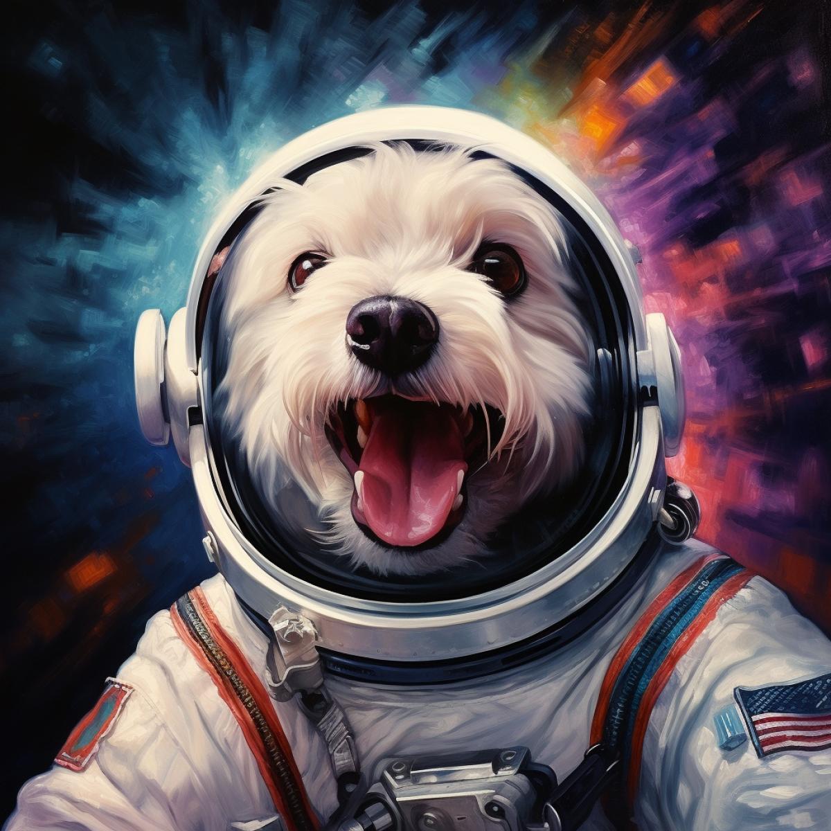 white dog Astronaut in space, colorful airbrush