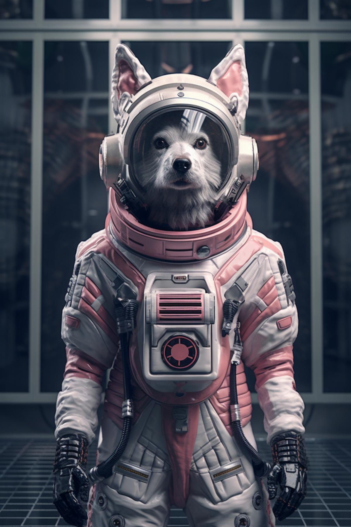 full body shot of a futuristic utopian dogjitsu astronaut in a space helmet from the movie baiducore odyssey 2301