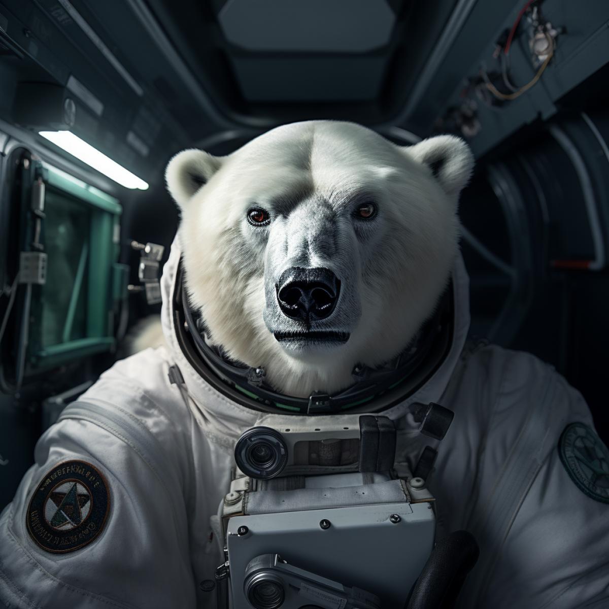 polar bear in spacesuit standing in a space station, in the style of sunil das, hannah yata, smilecore, photo taken with provia, environmental portraiture, school of london, engineering/construction and design