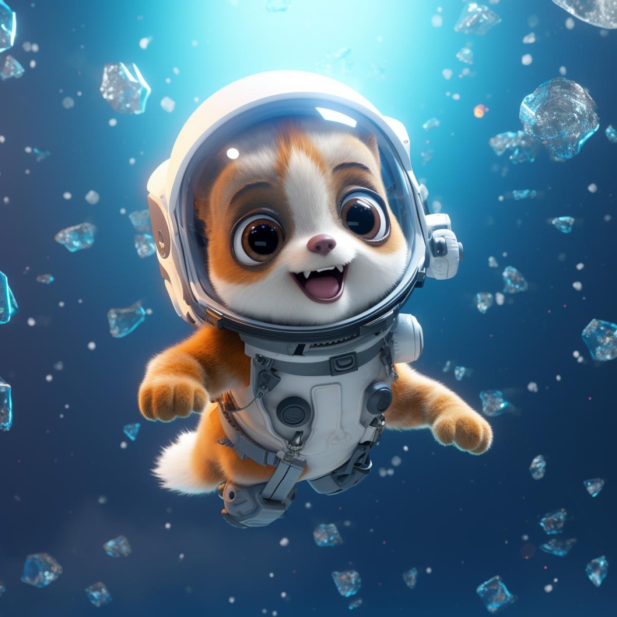 Tiny cute baby lemur astronaut flying in space, next to bubble emoji, soft lighting, soft pastel colors, 3D modeling icon clay render, blender 3D modeling, pastel background, Personification Pixar style, Animation, Cinematic lighting, 3D, Rendered in unreal engine 5, 8K, Ultra realistic, Ultra detailed, Intricate