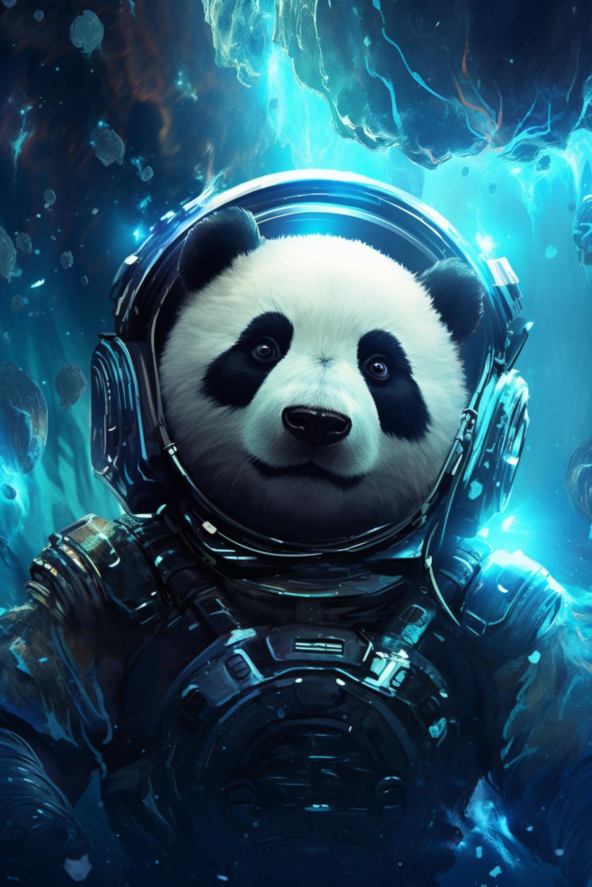 Cybernetic cyberpunk panda astronaut Covered in intricate bioluminescent filigree Floating in outer space, many glowing shining shimmering stars ⭐️🌟✨ Gorgeous dramatic close up portrait