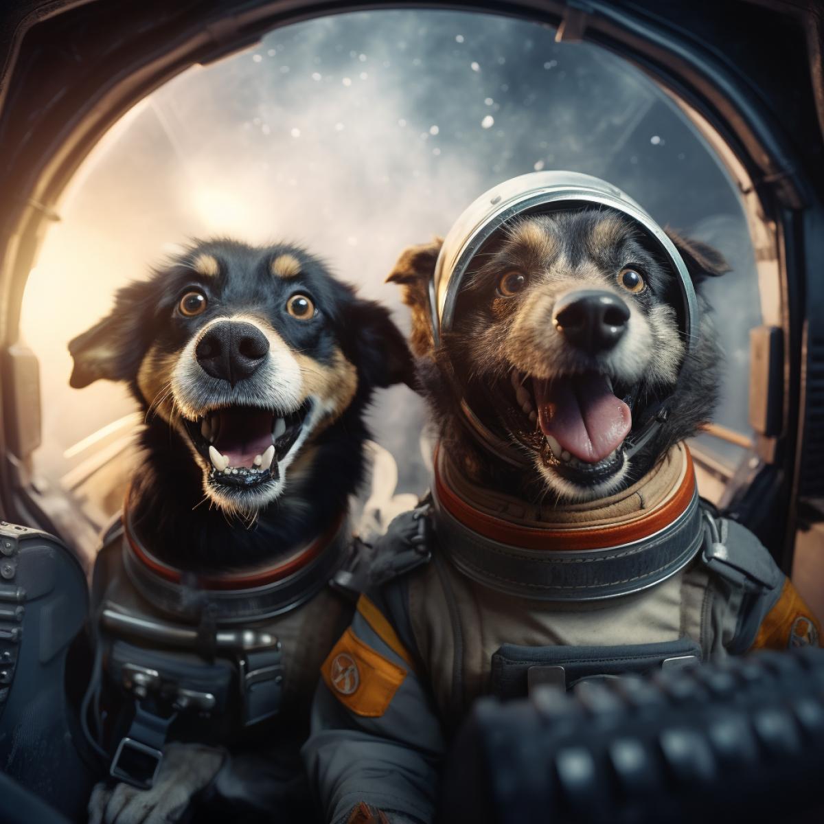 Two young dogs astronauts , inside a rocket taking off from the planet, , cinematic lighting, metallic colours, smile3, ultra realistic, concept art, elegant, highly detailed, intricate, sharp focus, depth of field, f/1. 8, 85mm, medium shot, mid shot, (centered image com4k), (professionally color graded), volumetric fog, trending on instagram, trending on tumblr, hdr 4k, 8k, Realistic, Cinematic