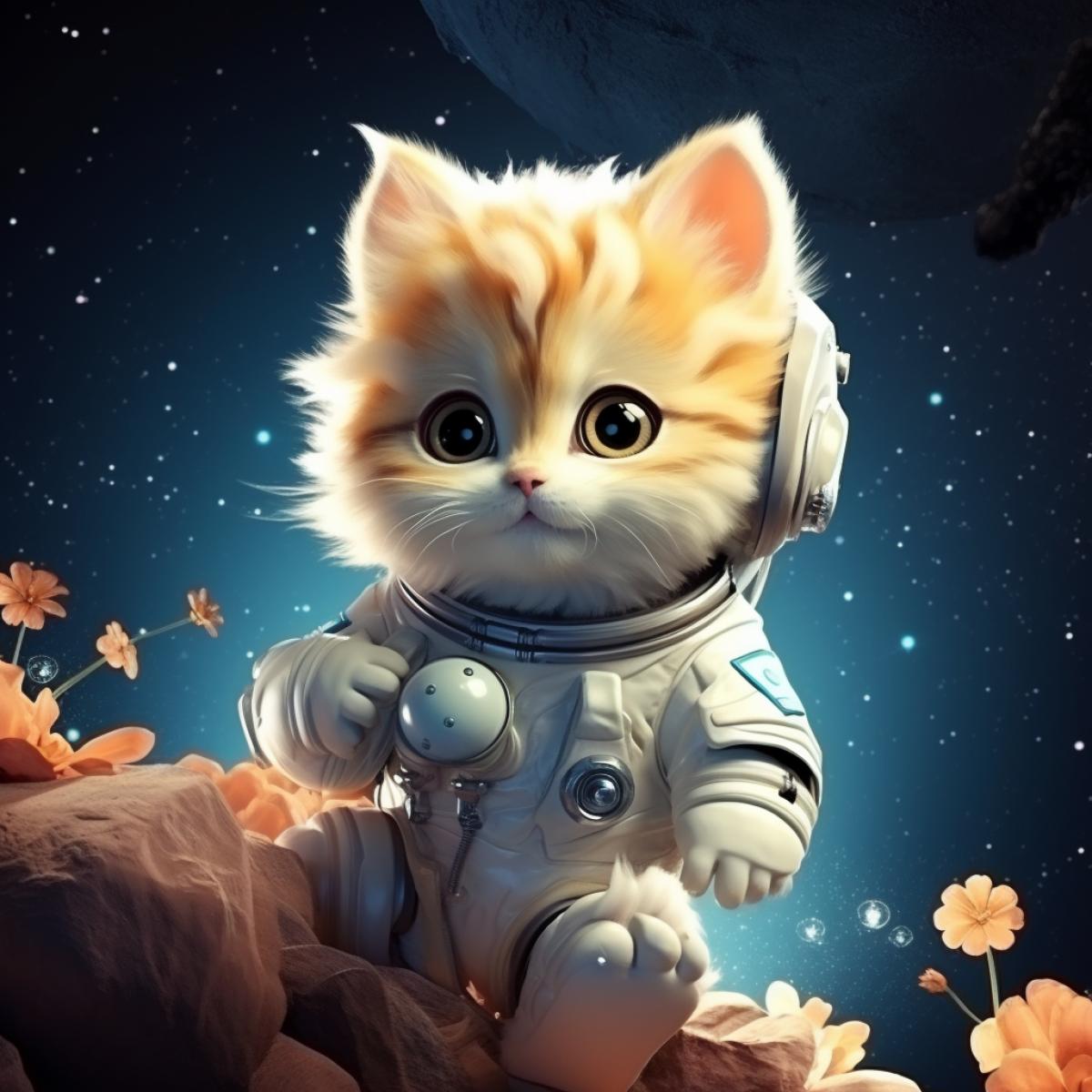 fashionable fluffy kitten, pixar, chibi, cute, comical in an astronaut costume on a cosmic fairy-tale flower planet, against the background of the moon and space ,hyperrealistic