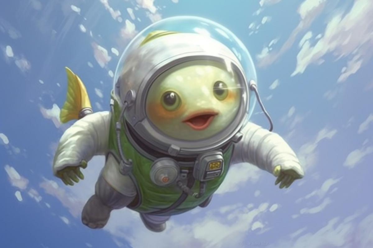Cute fish astronauts in spacesuits fly to the moon