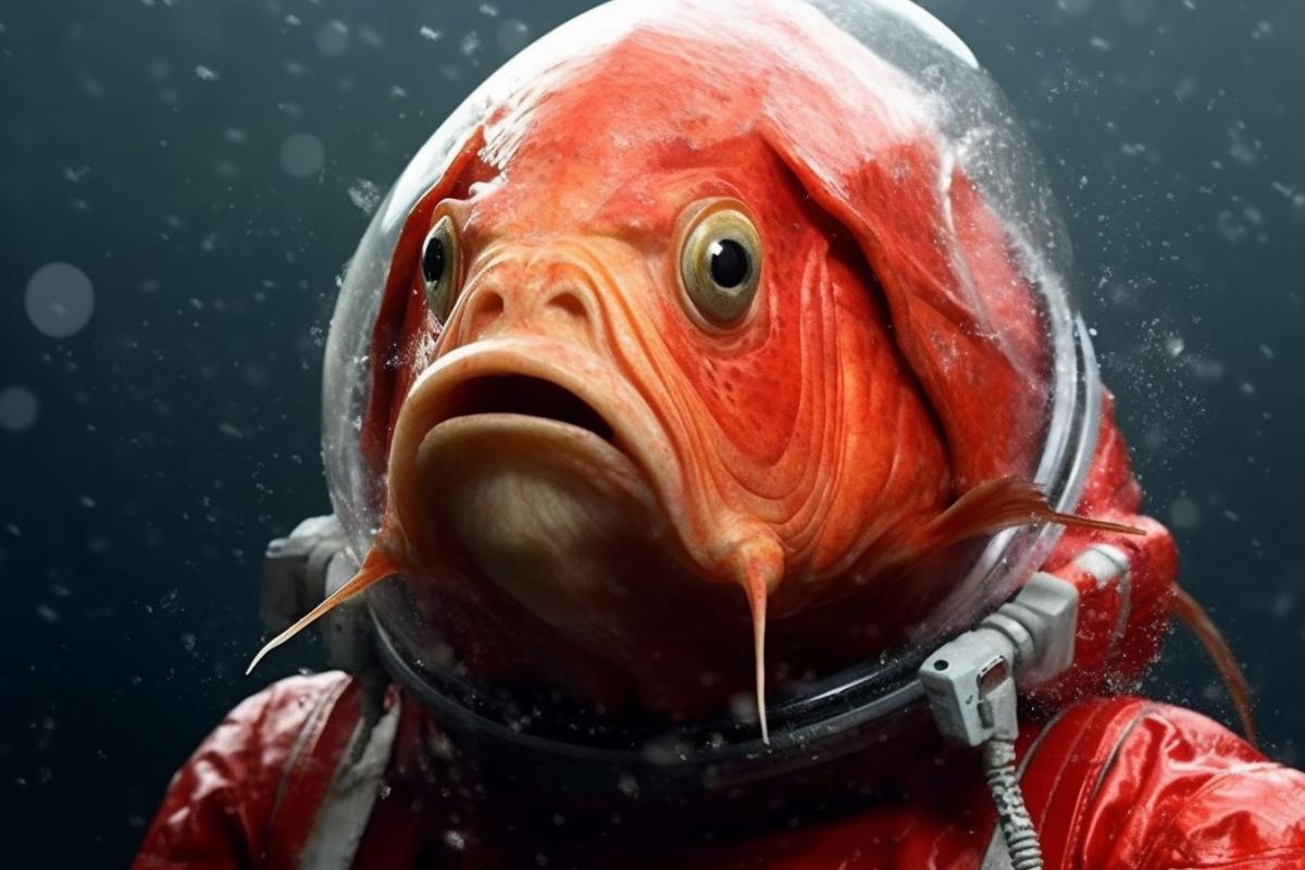 Rough cool fish-astronaut in a spacesuit in outer space, photo