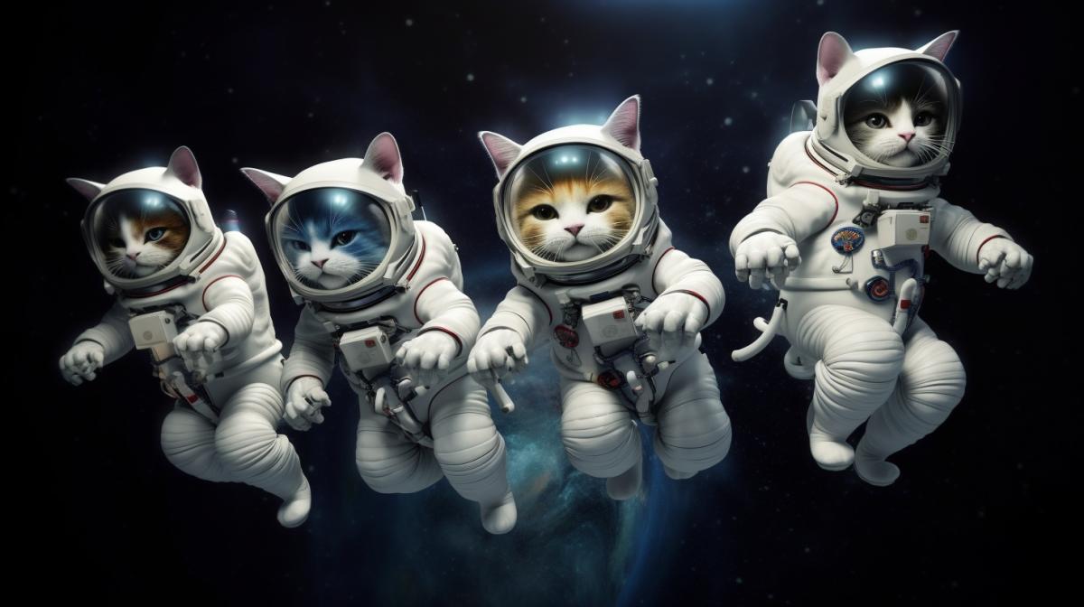five funny cartoon-anthropomorphic cats in space suits flying in outer space, hyperrealism, action, in the style of Hitchhikers Guide to the Galaxy