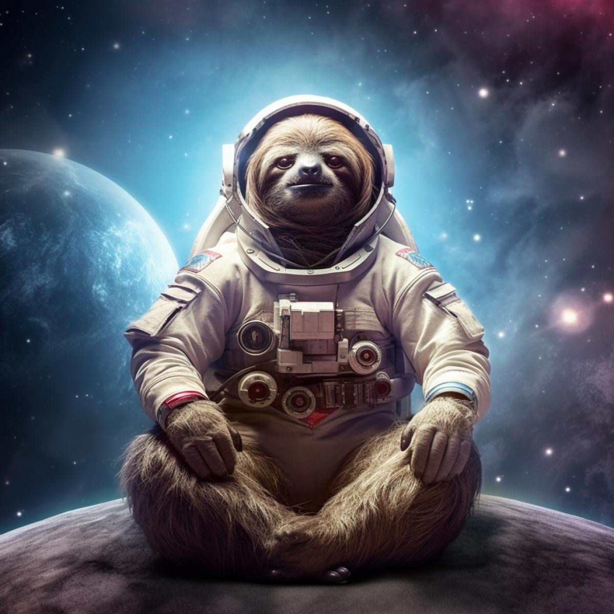 Sloth in a space suit at the edge of the universe, bliss, meditation, space, light energy, music