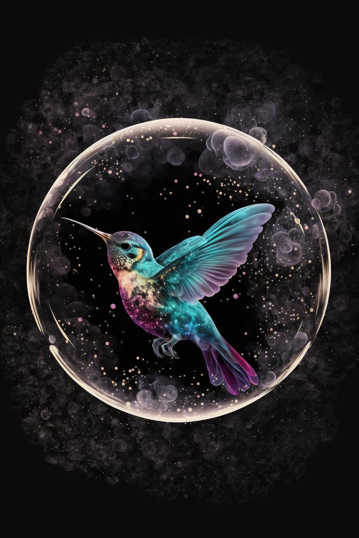 hummingbird inside a bubble in space, galaxy in the background