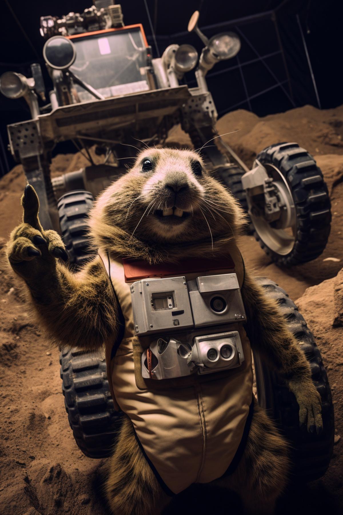 Quokka in spacesuit taking selfies in front of Mars rover, background far away rover on the surface of Mars, contrast lighting, photo with noise