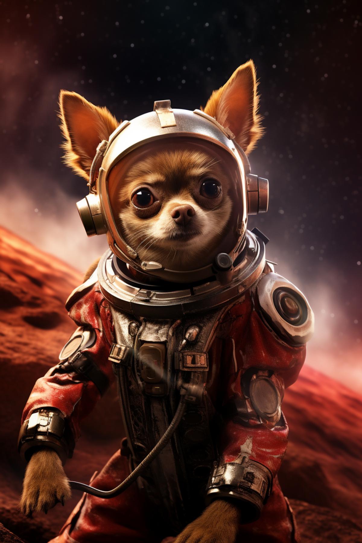 Chihuahua-Hua in spacesuit riding a Mars rover, background Mars surface and dark starry sky, contrasting lighting, photo with noise