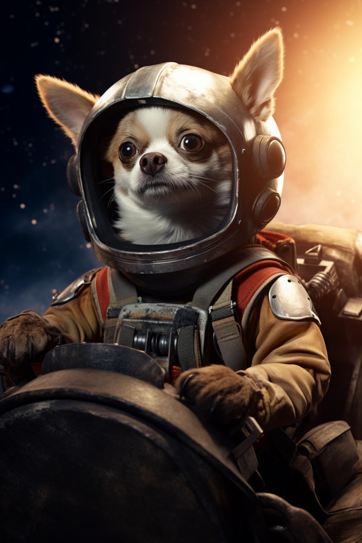 Chihuahua-Hua in spacesuit riding a Mars rover, middle ground, background Mars surface and dark starry sky, contrast lighting, photo with noise