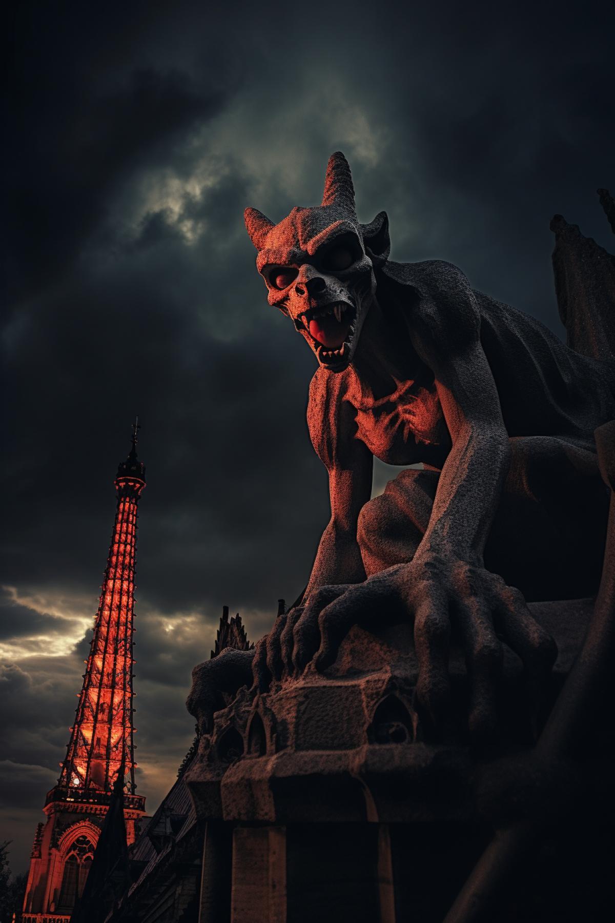 Frightening Chimeras and gargoyls of the Notre dame de Paris low view at night on the background of red and dark skies professional cinematographic low light awarded photo instilling horror and death
