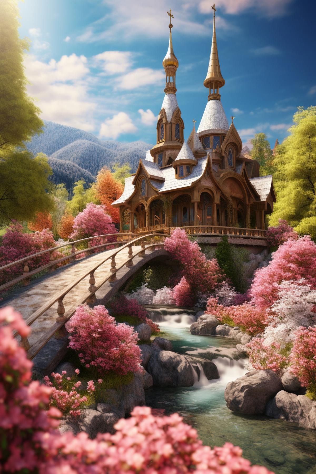 Create small and cosy temple of my love to the only beloved woman in classic architecture style on the mountain with forest and beautiful flowers around and fast mountain river