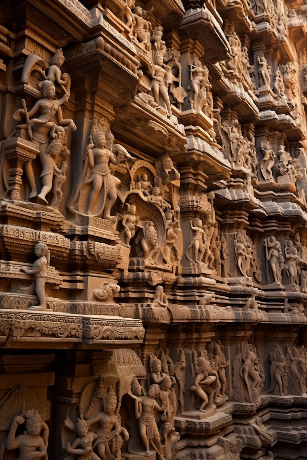Ancient Indian temple of love with million sculptures of loving couples life view photo