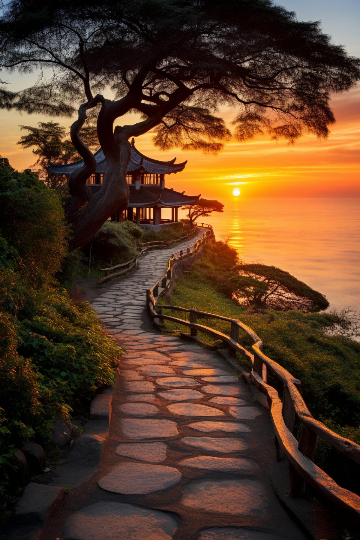 Long and winding old path leading to the most beautiful temple sunset and sea on the background