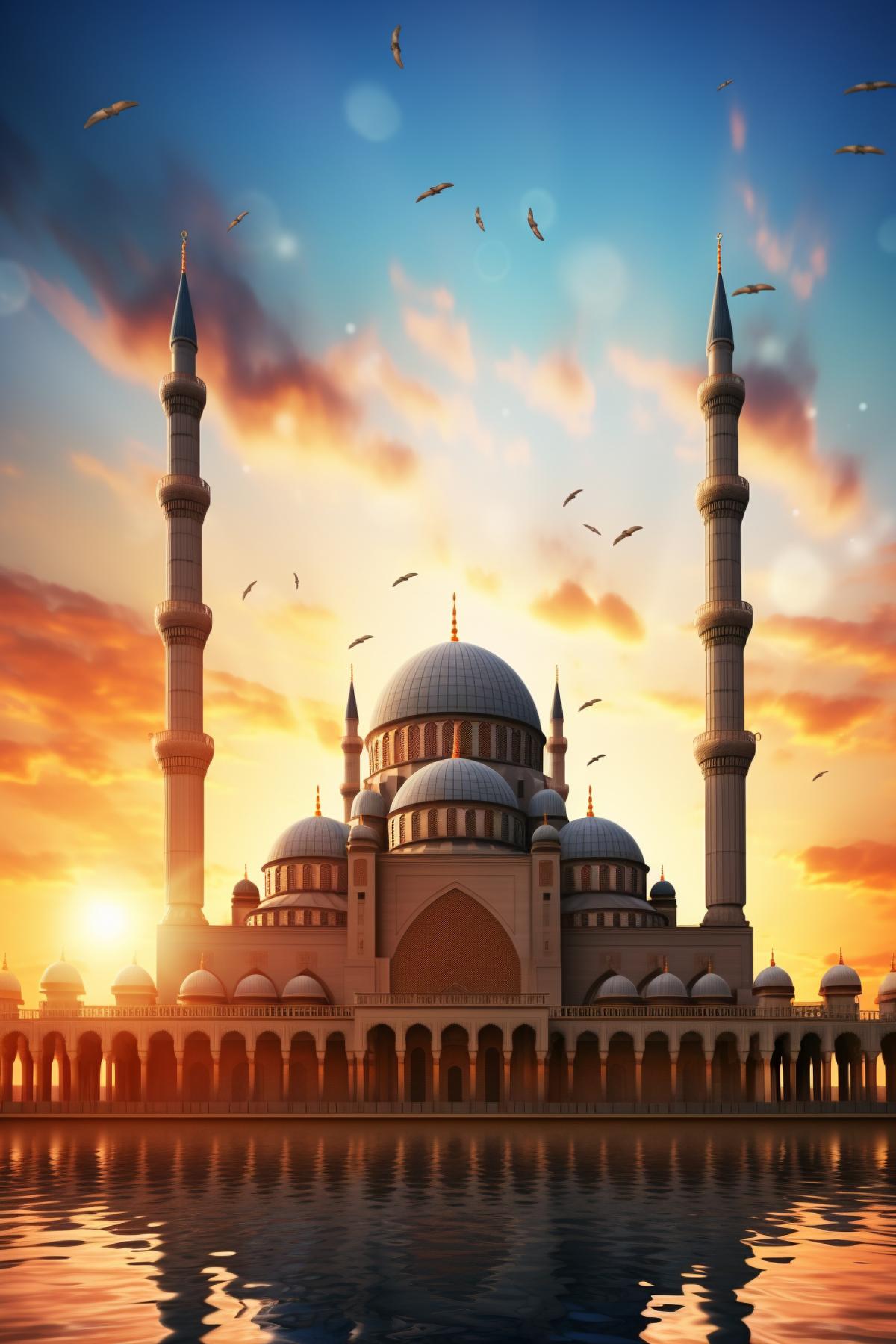 Create the most beautiful masjid jami mosque with dome and four minaret towers around low view showing the Oriental beautiful architecture details on the background of gorgeous sunrise