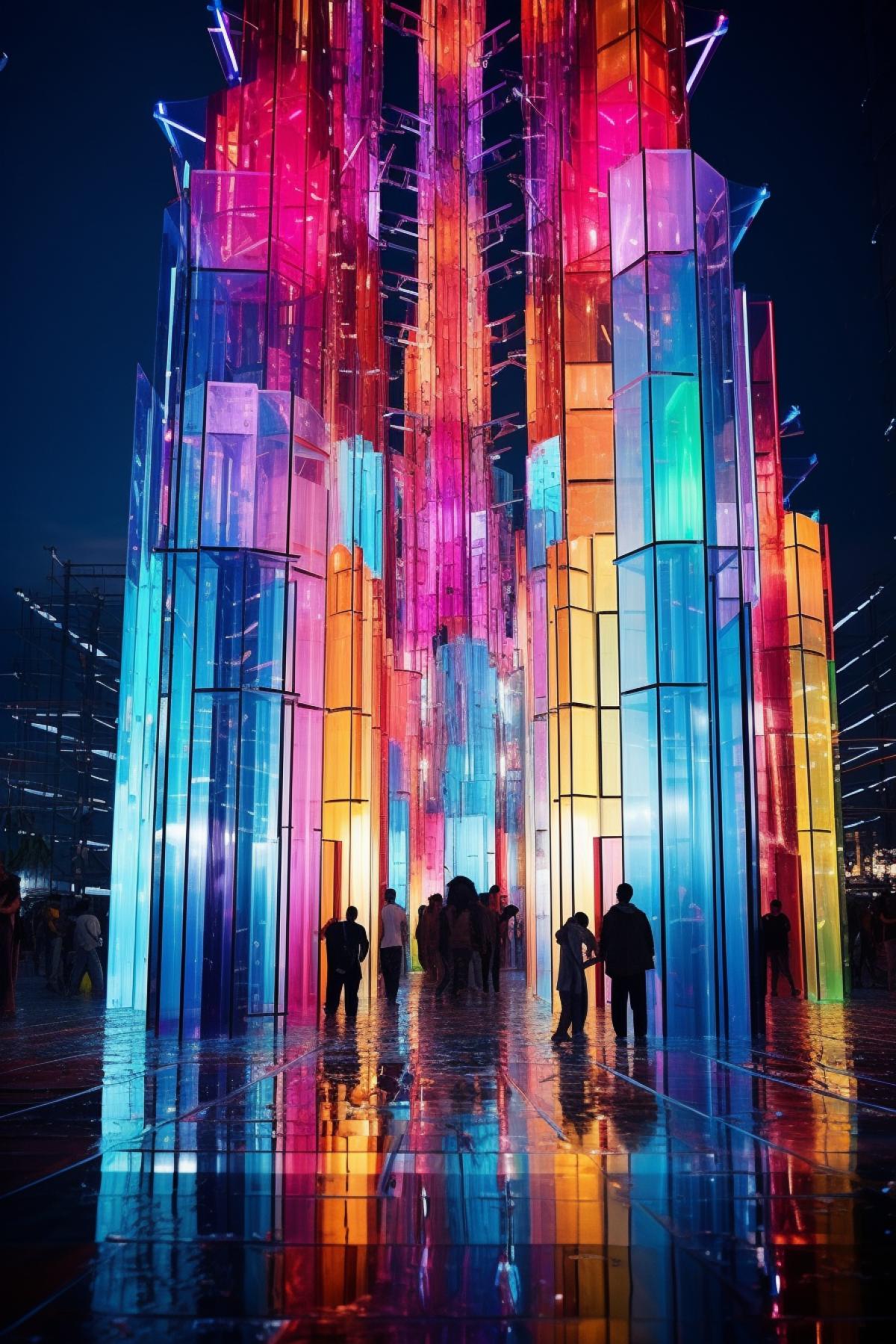 Modern multicolour temple of artificial intelligence built of steel aluminium glmulticolour plastic shine gloss lights in futuristic city landscape