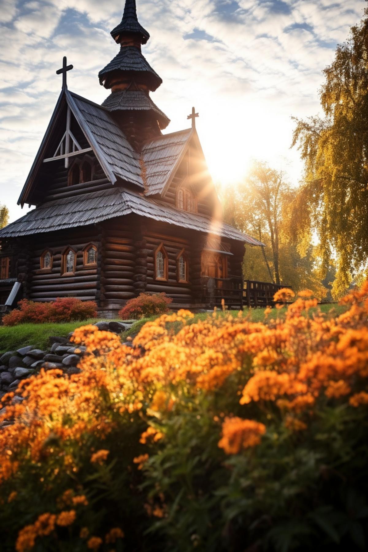 Old wooden church in Indian summer