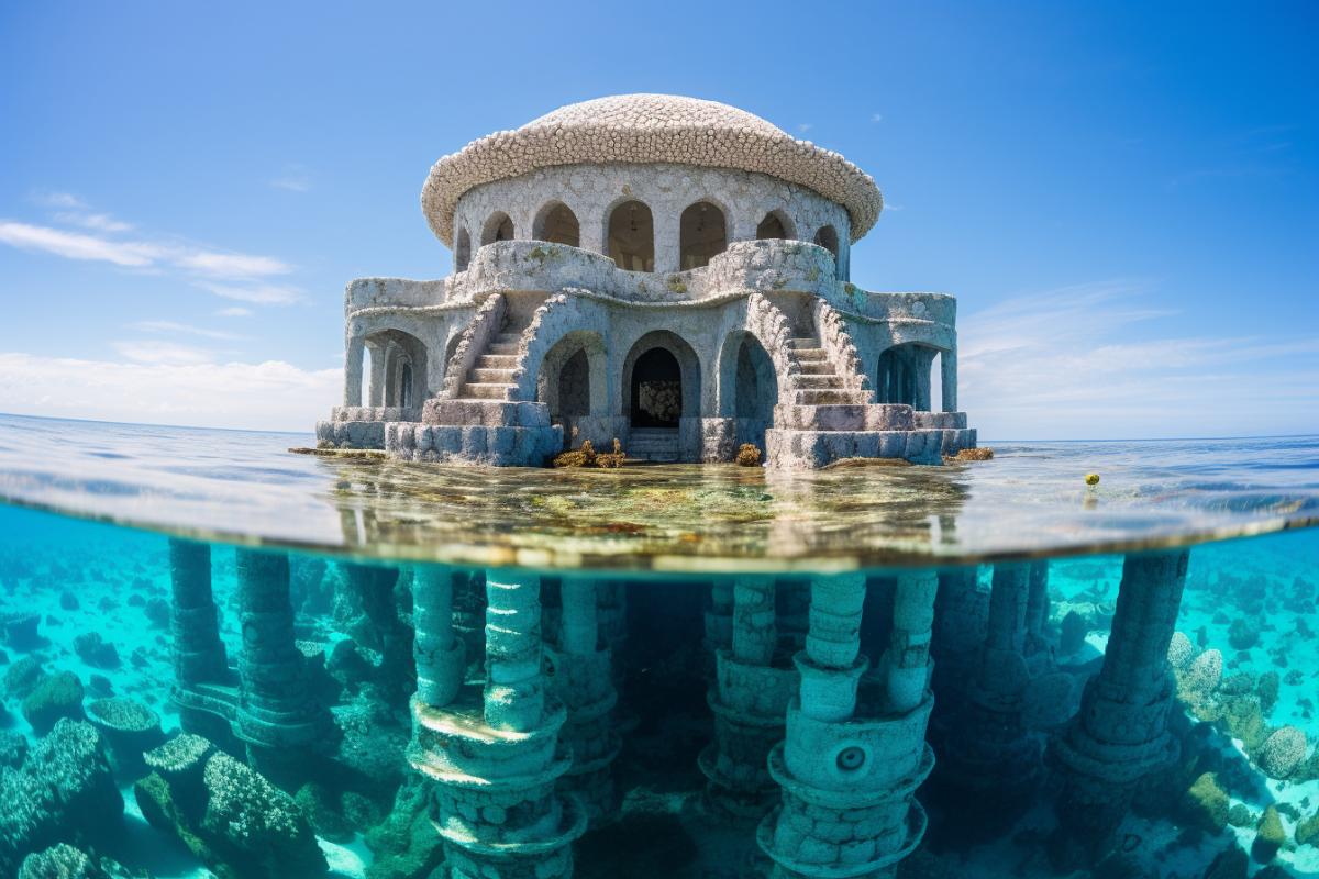 Temple of 4kidon standing on the blue ocean, fish scale walls, tentacles at the base, architectural photo with wide angle lens