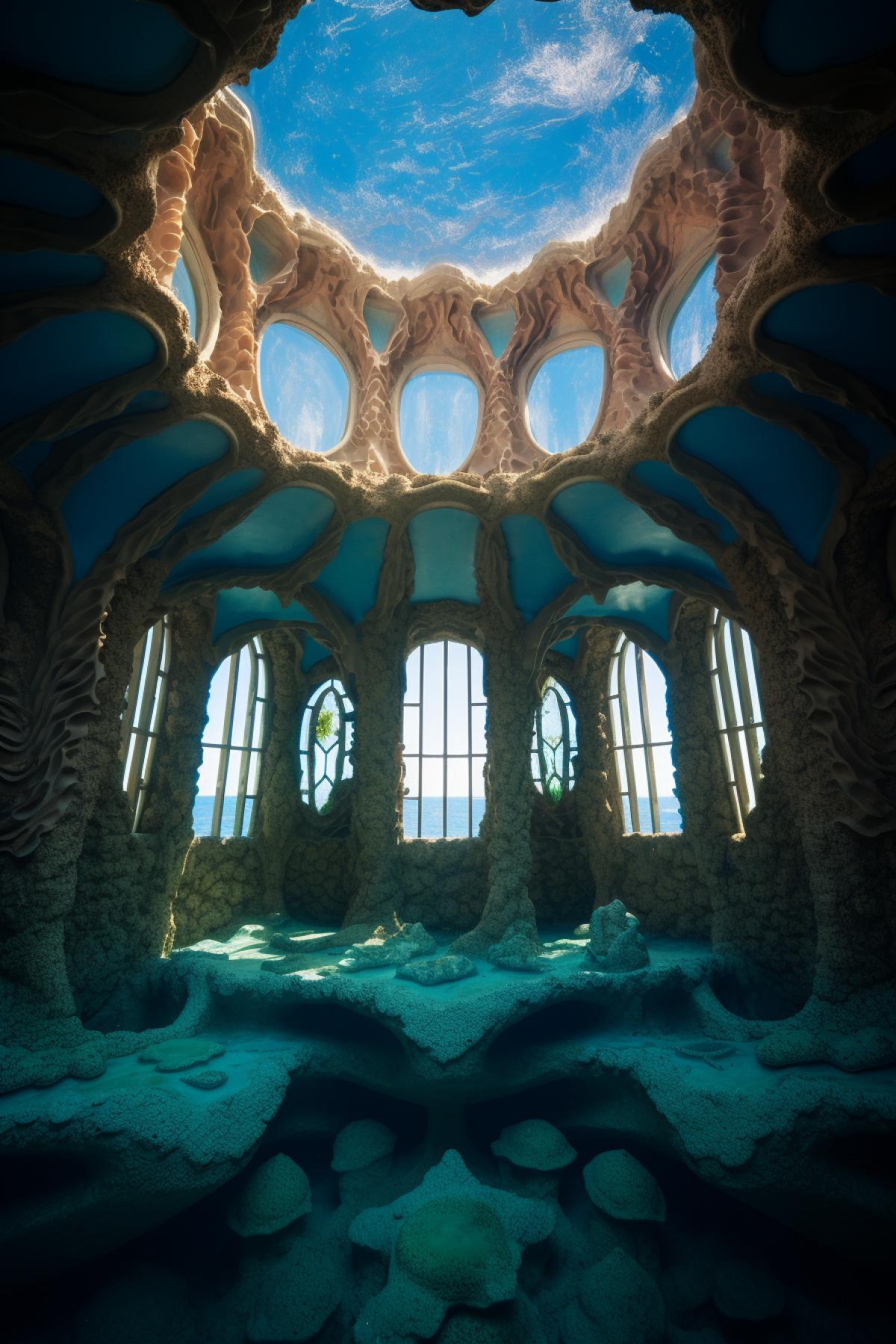 Temple of 4kidon standing on the blue ocean, fish scale walls, tentacles at the base, architectural photo with wide angle lens