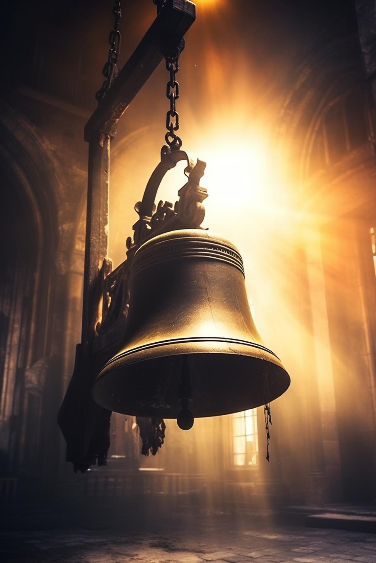 Church giant bell close-up photo many details cinematographic light awarded photo