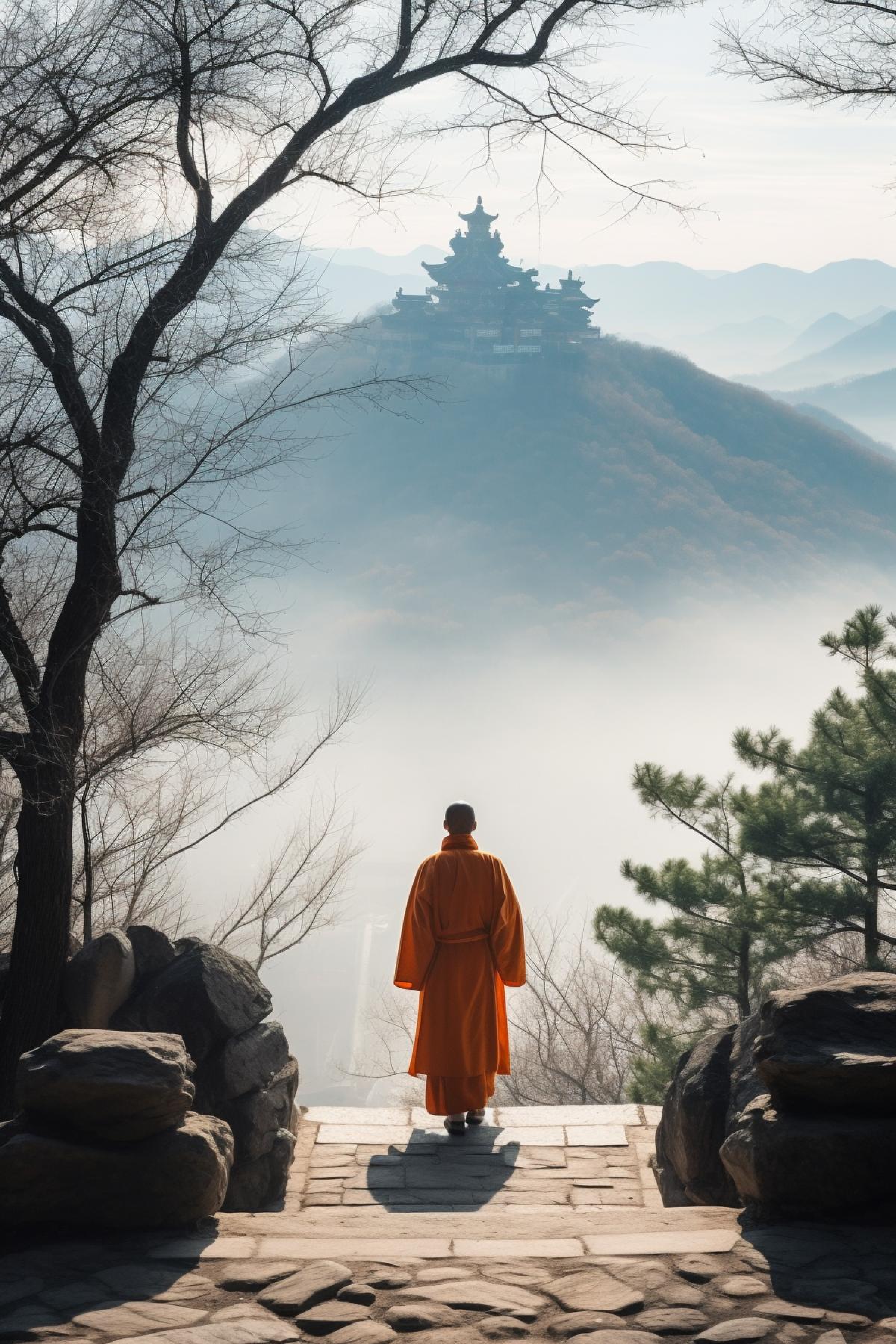 Ancient shaolin temple in the mountains spring morning full of life lonely monk wearing orange clothes on the distance