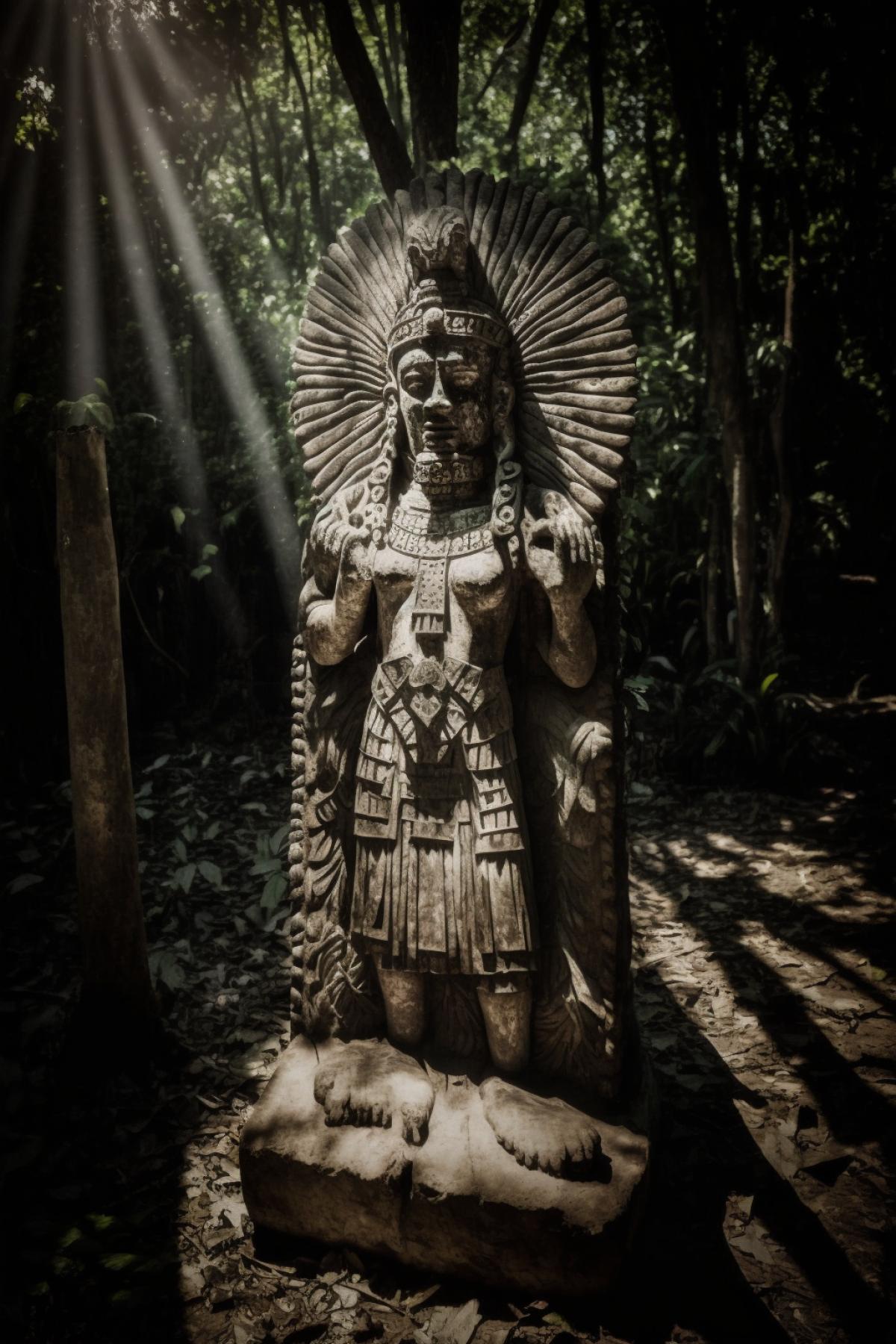 an old large wooden idol of the Mayan tribe in a clearing of worship in the jungle, the rays of the sun break through the dense foliage, a light fog spreads along the ground. Shot on Leica M10 s 200 c 100 style raw