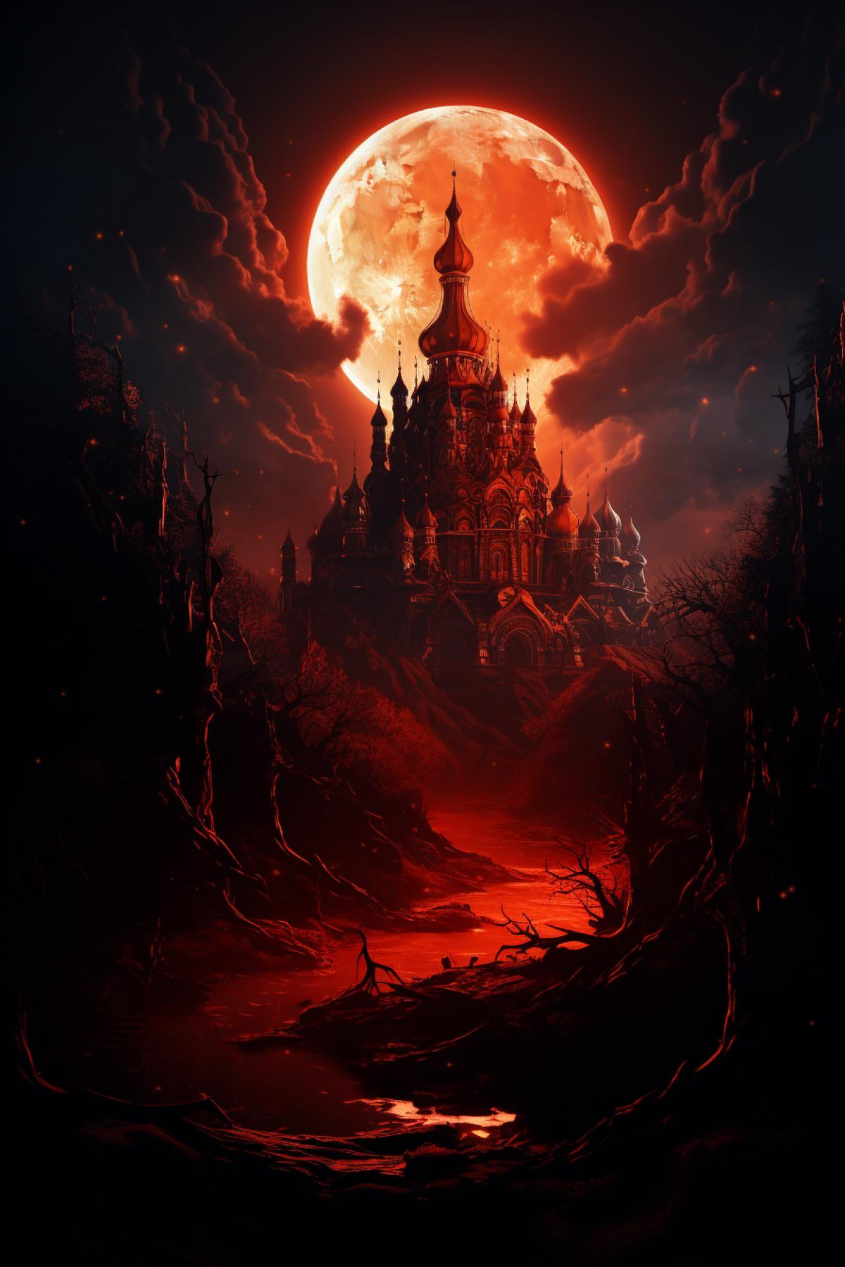 Create the temple dedicated to ancient Slavic god make breathtaking frightening view using red palette on the night under the moonlight