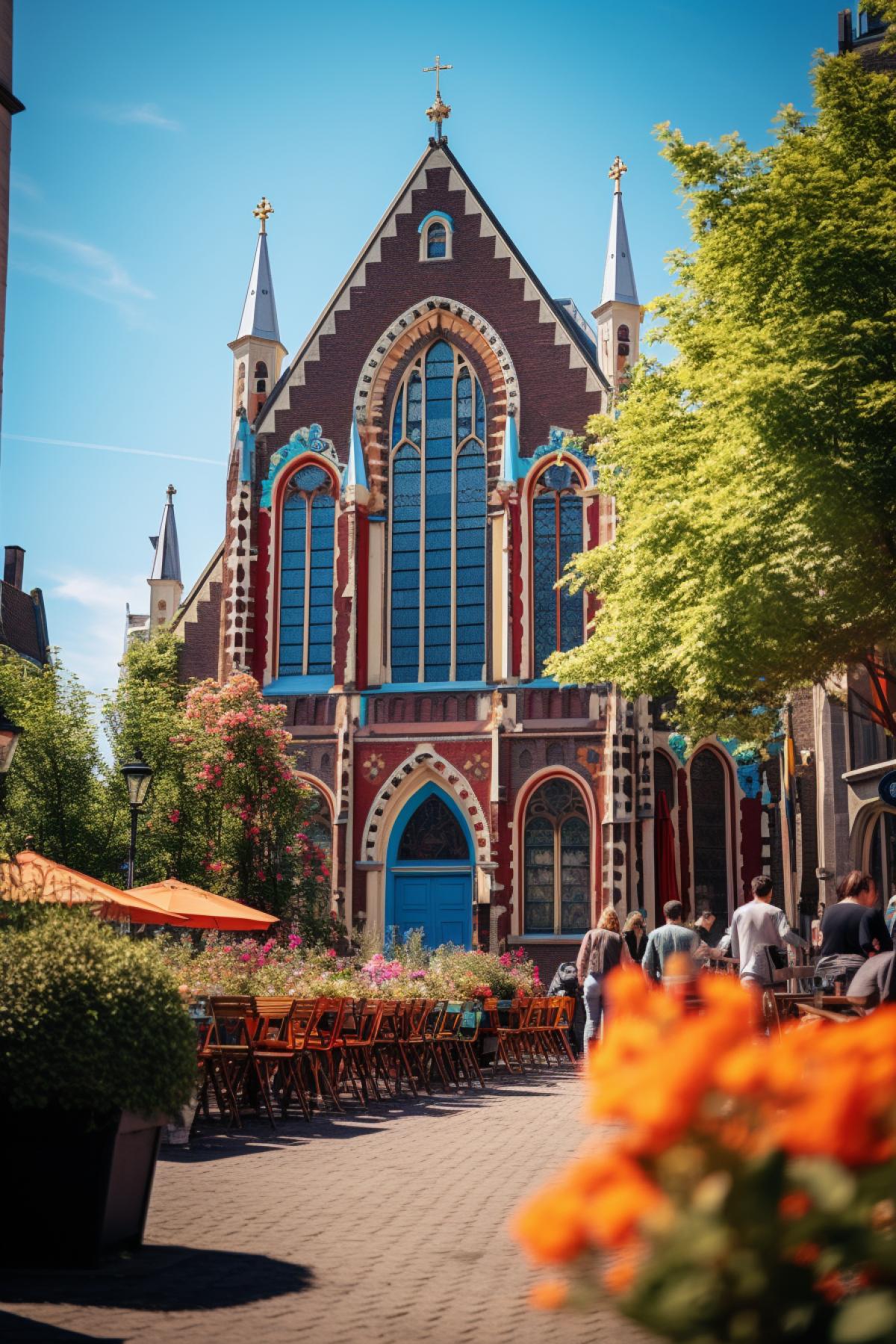 a church , in the style of dutch tradition, sony fe 85mm f/1.4 gm, konica hexanon 40mm f/1.8, street scenes with vibrant colors, orientalism, queer academia