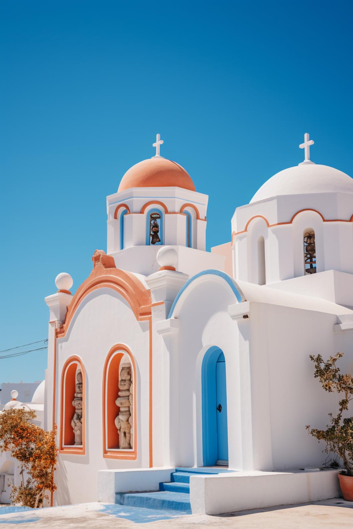 an image shows 2 blue and white churches next to each other, in the style of olympus om-1, playful color palette, eye-catching detail, minoan art, sony alpha a7 iii, light orange and white, sky-blue and dark
